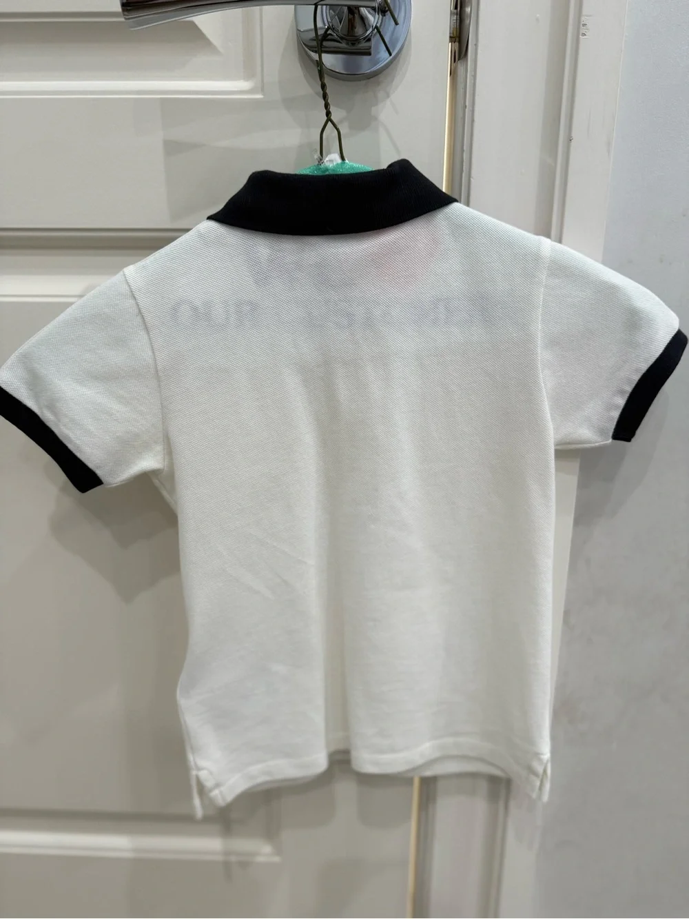 Moncler Kids White Polo with Navy Collar and Tricolor Shoulder Stripes